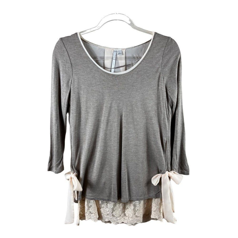 LC Lauren Conrad Lace Hem Chiffon Tie 3/4 Sleeve Blouse Small Tan Cream Rayon